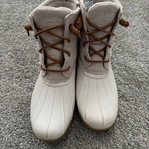 Sperry Two-Tone Duck Boots in Light Gray, White and Brown